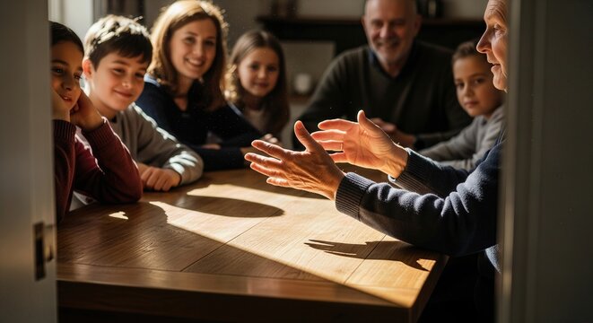 Generation of history by elders, nurturing family bonds. A warm gathering around the wooden table where stories are shared, connecting generations, preserving precious memories,