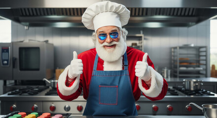 Image of chef in red suit with white beard and sunglasses, wearing apron in a kitchen giving a thumbs up, representing holiday baking and festive cooking