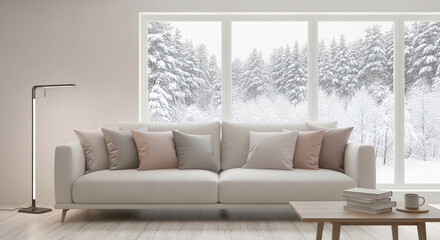 Bright living room with sofa and snowy forest view. Showcase of a comfortable interior, embodying peace, winter atmosphere and modern design