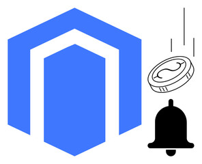 Blue hexagon design paired with a black bell and a falling coin. Ideal for e-commerce, finance, savings, notifications, payments, alerts, and digital services. A simple flat metaphor