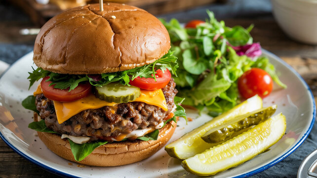 The plant-based burger comes with a tangy side of pikle spears and a small sald.