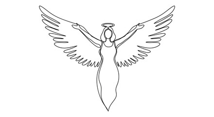 Elegant continuous line drawing of an angel with wings outstretched, symbolizing grace and