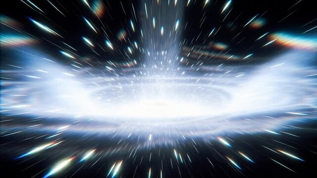 A breathtaking sci-fi hyperspace animation, flowing white wormhole tunnel, surrounded by explosive plasma jets and streaking stars in stunning VFX glory