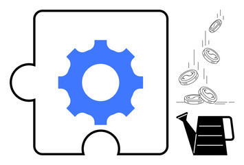 Gear puzzle piece symbolizes mechanism and teamwork, while watering can pouring coins denotes investment and growth. Ideal for business, innovation, finance, teamwork, investment, success, simple