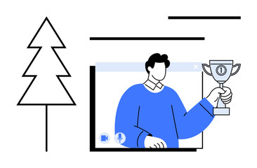 Man displayed on a video call screen holding a trophy, suggesting recognition, achievement, and success in a virtual environment. Ideal for remote work, networking, awards, team celebration, digital