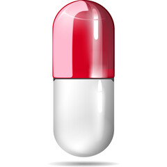 Single Red and White Capsule Pill Isolated on Transparent Background with Subtle Shadow Realistic Studio Lighting
