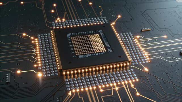 Quantum information theory. Close Up of Microchip Circuit Board Glowing with Intricate Connections and Futuristic Technology, Showcasing Electronic