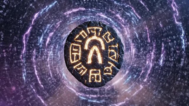 Glowing rune stone amidst swirling cosmic vortex