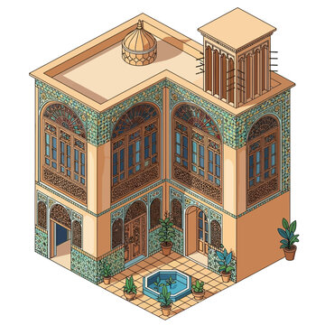 Isometric illustration of a traditional Iranian house with courtyard and windcatcher