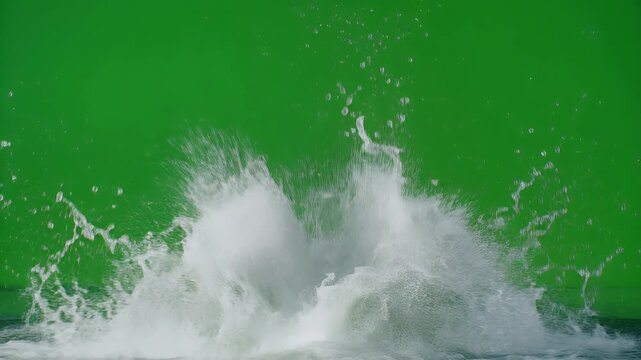 Explosion of water droplets and foam against a vibrant green screen background, capturing a dynamic splash