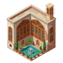 Isometric representation of a classic Iranian courtyard with a fountain