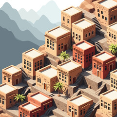 Isometric traditional arabian cityscape built on a mountainside with stairs
