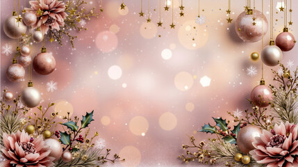 A pink and gold christmas background with ornaments and flowers