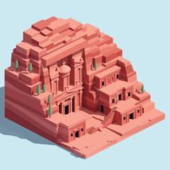 Isometric view of ancient city, carved in rock, historical site illustration