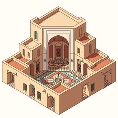 Isometric view of traditional house showcasing architectural design elements