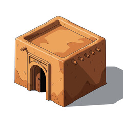 Stylized isometric illustration of adobe house structure with shadow isolated