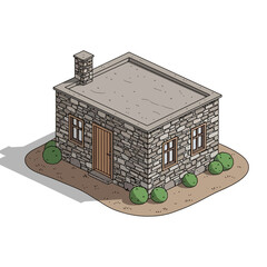 Stylized Isometric Stone House with Chimney Surrounded by Green Bushes