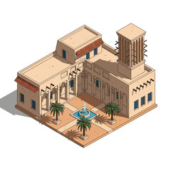 Stylized isometric rendering of a traditional Arab courtyard dwelling