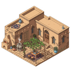 Charming Isometric Rendering of a Traditional Mediterranean Villa Courtyard