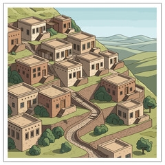 Cartoon Illustration of Hillside Village with Traditional Middle Eastern Architecture