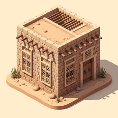 Isometric Building Illustration with Middle Eastern Architecture Details