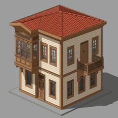 Isometric Cartoon Depiction of a Traditional Ottoman Style Wooden House