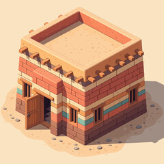 Isometric Desert Dwelling Illustration with Open Door, Middle Eastern Architecture
