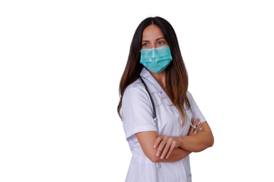 Healthcare worker wearing a protective surgical mask and a white coat, with a stethoscope around her neck, standing with arms crossed, transparent background - Powered by Adobe