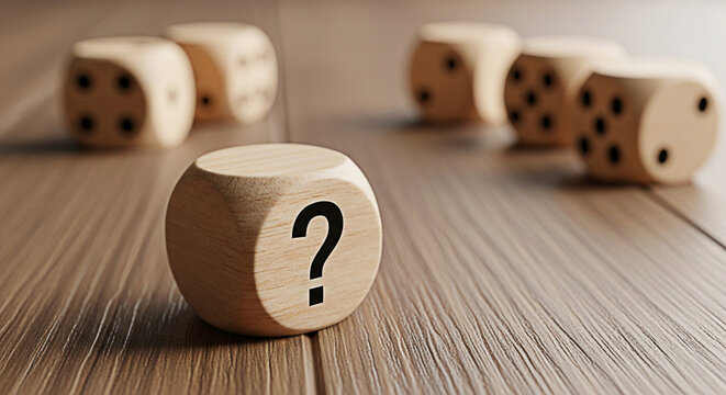 Wooden dice with a question mark symbolizes uncertainty and risk on a textured wood surface suggesting chance and decision making process