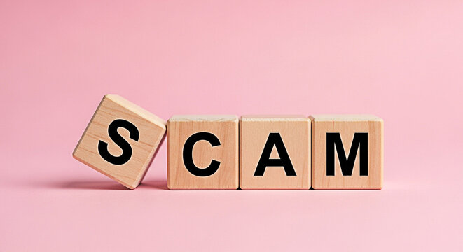 Wooden blocks spelling scam on a pink background representing fraud prevention and online safety awareness for consumers and businesses - Powered by Adobe