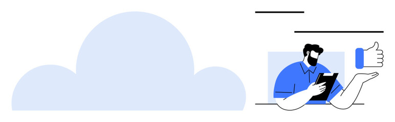 Man with tablet offering thumbs-up near cloud shape, suggesting digital tools, communication, creativity, remote work, social media, data storage, teamwork. Ideal for a simple flat metaphor