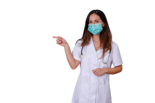 Medical professional wearing a white lab coat, stethoscope, and facial mask, pointing to the left side with ample copy space