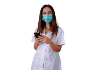 Healthcare professional wearing face mask using smartphone for communication and digital patient care on transparent background