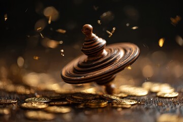 Magic wooden spinning top toy rotating among golden coins with sparkling bokeh lights symbolizing Hanukkah celebration or fortune concept