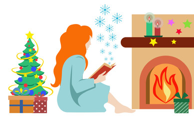 Red-haired girl by fireplace reading holiday tale, pastel tree and glowing gifts — cozy flat vector for cards, books, blogs