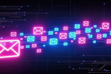 This vibrant visual displays the intricate flow of email communication in neon colors on a digital background