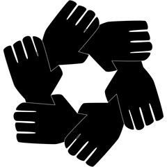 Six Black Hands Forming a Circular Shape with Open Palms and Visible Fingers Against a Transparent Background Symbolizing Unity and Cooperation