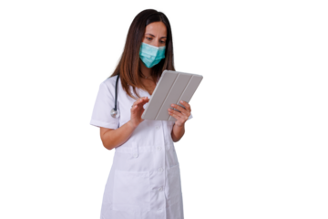 Female doctor or nurse in medical mask using digital tablet, providing modern healthcare on transparent background
