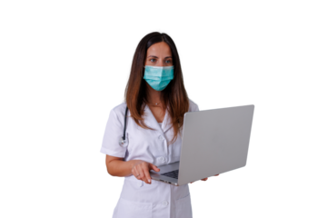 Healthcare professional wearing medical mask holding laptop, concept of telehealth, online diagnosis, and digital healthcare