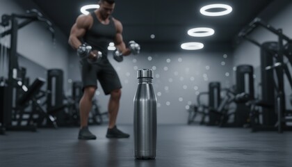 Metal water bottle and muscular athlete in modern gym, symbolizing hydration, sports nutrition, and active workout lifestyle.