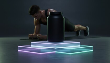  Large black supplement can on glowing neon podium, athlete planking, futuristic gym concept. Fitness product, innovation, sports nutrition, body strength, modern exercise, trend, illuminated,