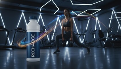 Recharge electrolyte bottle in futuristic neon gym with active woman lunge. Perfect for sports drink, hydration, modern, fitness, energy, supplement, active, power.