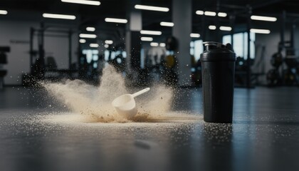 Shaker bottle and dramatic protein powder explosion on gym floor, intense modern setting. Perfect for supplement, workout, pre-workout, mix, bodybuilding, energy, gym