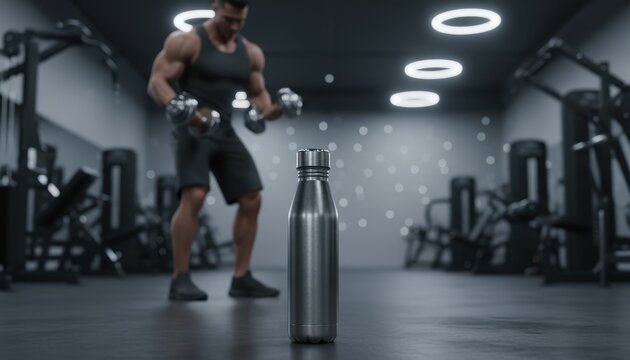 Metal water bottle and muscular athlete in modern gym, symbolizing hydration, sports nutrition, and active workout lifestyle.