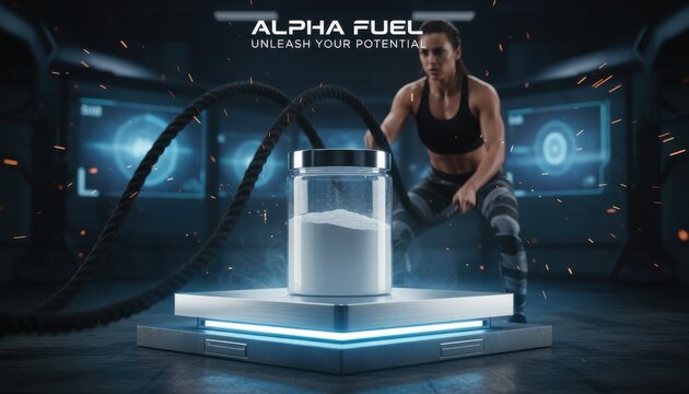 Sports supplement jar in futuristic gym, muscular athlete with battle ropes, concept of advanced nutrition, energy boost, and high-performance training.