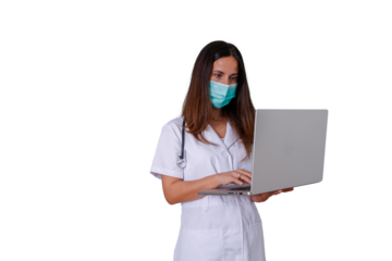 Female doctor wearing face mask and stethoscope, using laptop for telehealth and online medical consultation, transparent background