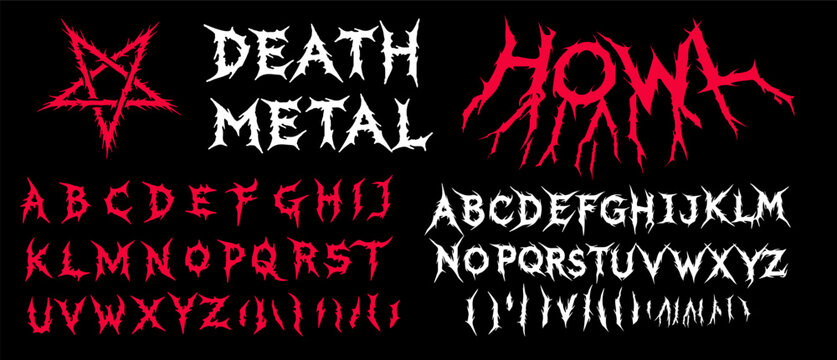 Death metal vector kit with jagged, spiky fonts in white and red, featuring a red pentagram, dramatic letterforms, and bold black background. Aggressive and dark style, heavy metal and horror vibes.
