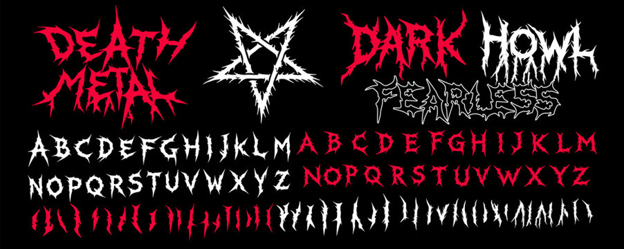 Big set of jagged, spiky death metal fonts in white and red on a black background, with chaotic, aggressive shapes. The style is dark, bold, and energetic, ideal for metal music themes.
