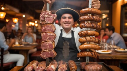 Smoked meat and barbecue on a market grill