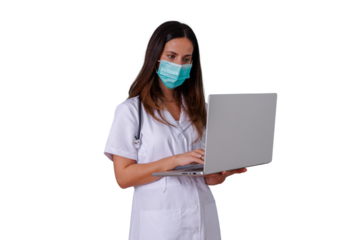 Female healthcare worker in medical mask and uniform using laptop, representing telemedecine and health technology on transparent background